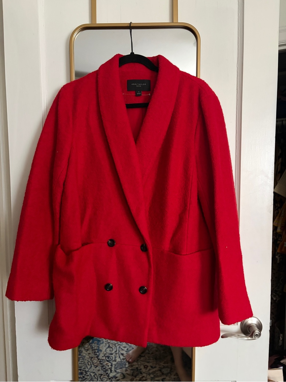 Ann Taylor Bright Red Double-Breasted Shawl Collar Pea Coat